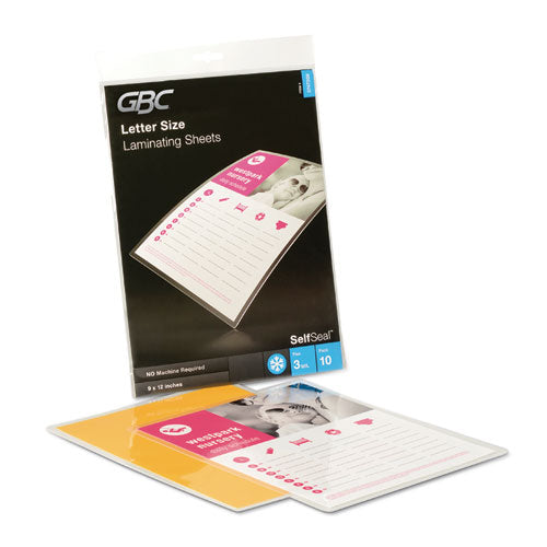 Image of GBC® Selfseal Self-Adhesive Laminating Pouches And Single-Sided Sheets, 3 Mil, 9" X 12", Gloss Clear, 10/pack