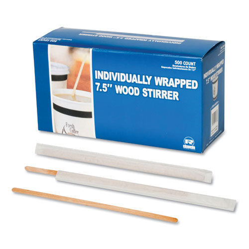 Image of AmerCareRoyal® Wood Coffee Stirrers, 7.5", Wrapped, 5,000/carton