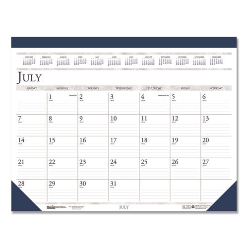 Image of House of Doolittle Recycled Academic Desk Pad Calendar, 18.5 x 13, White/Blue Sheets, Blue Binding/Corners, 14-Month (July to Aug): 2024 to 2025