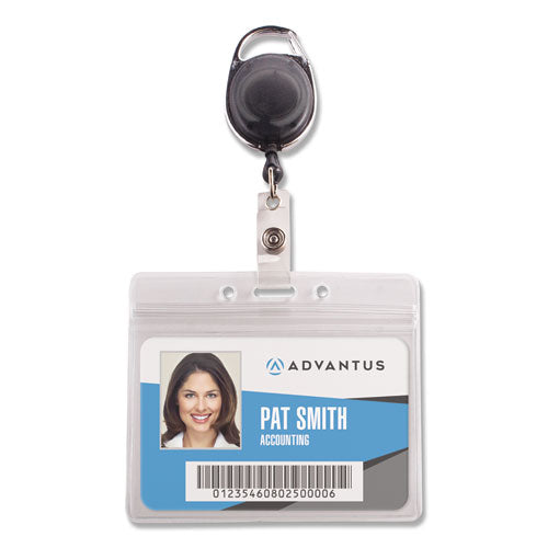Image of Advantus Resealable Badge Holder Combo with Badge Reel, 30" Cord, Horizontal, Frost 4.13" x 3.75" Holder, 3.75" x 2.63" Insert, 10/PK