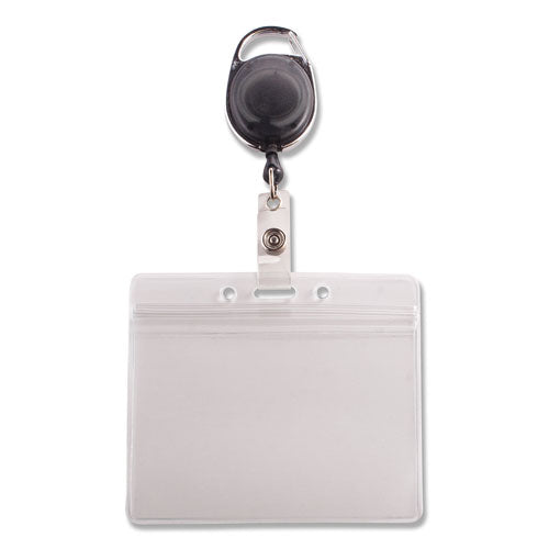 Image of Advantus Resealable Badge Holder Combo with Badge Reel, 30" Cord, Horizontal, Frost 4.13" x 3.75" Holder, 3.75" x 2.63" Insert, 10/PK