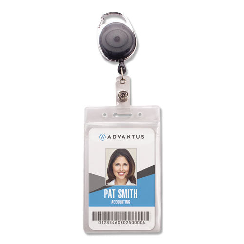 Image of Advantus Resealable Badge Holder Combo Pack with Badge Reel, 30" Cord, Vertical, Frost 2.68" x 5" Holder, 2.38" x 3.75" Insert, 10/PK