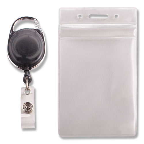 Image of Advantus Resealable Badge Holder Combo Pack with Badge Reel, 30" Cord, Vertical, Frost 2.68" x 5" Holder, 2.38" x 3.75" Insert, 10/PK