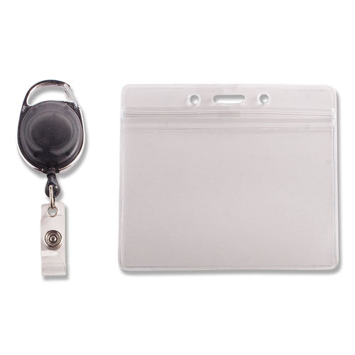 Image of Advantus Resealable Badge Holder Combo with Badge Reel, 30" Cord, Horizontal, Frost 4.13" x 3.75" Holder, 3.75" x 2.63" Insert, 10/PK