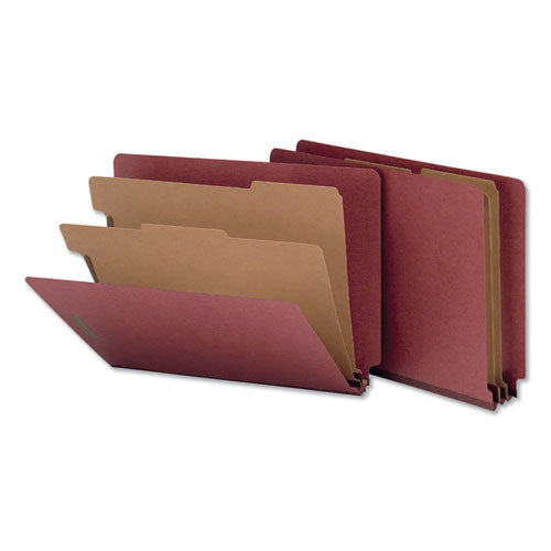 Image of Universal® Red Pressboard End Tab Classification Folders, 2" Expansion, 2 Dividers, 6 Fasteners, Letter Size, Red Exterior, 10/Box