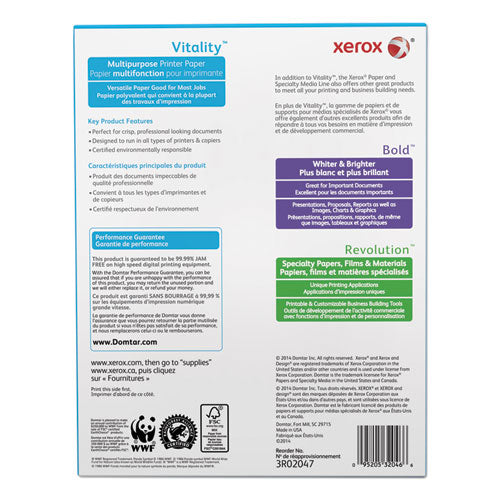 Image of xerox Vitality Multipurpose Print Paper, 92 Bright, 20 lb Bond Weight, 8.5 x 11, White, 500/Ream, 10 Reams/Ct, 40 Cartons/Pallet