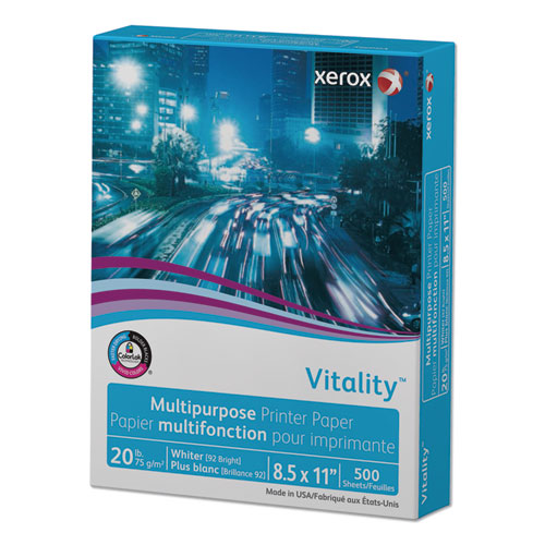 Image of xerox Vitality Multipurpose Print Paper, 92 Bright, 20 lb Bond Weight, 8.5 x 11, White, 500/Ream, 10 Reams/Ct, 40 Cartons/Pallet