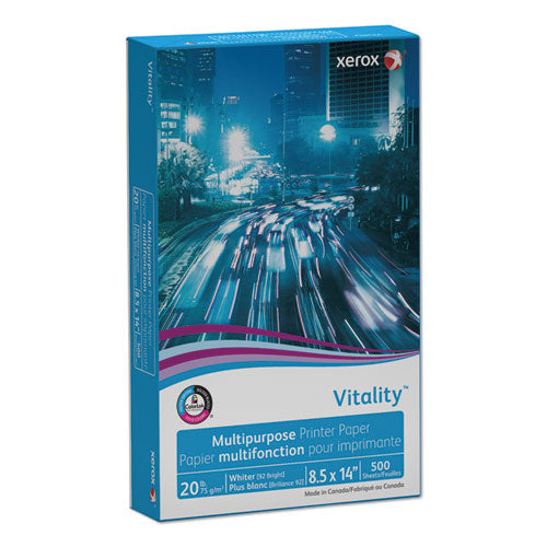 Image of xerox Vitality Multipurpose Print Paper, 92 Bright, 20 lb Bond Weight, 8.5 x 14, White, 500 Sheets/Ream, 10 Reams/Carton