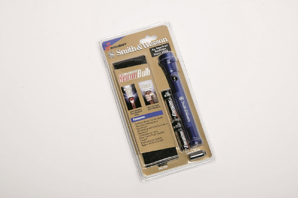 Image of Skilcraft Aluminum Flashlight, 6-1/4" Long, Includes 2 AA Batteries & Belt Holster, Blue