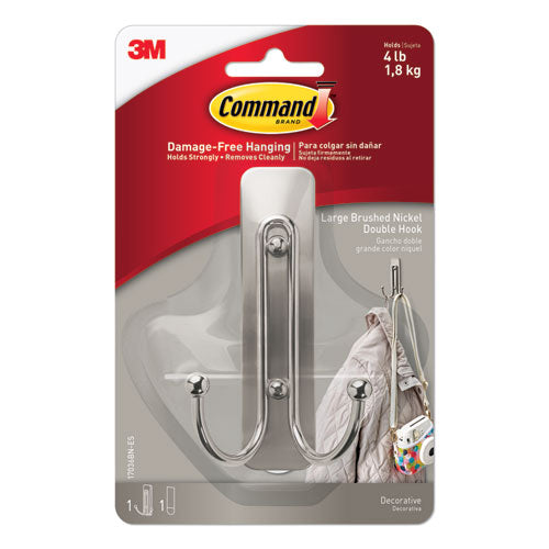 Image of Command Adhesive Mount Metal Hook, Large, Double Hook, Brushed Nickel Finish, 4 lb Capacity, 1 Hook and 2 Strips