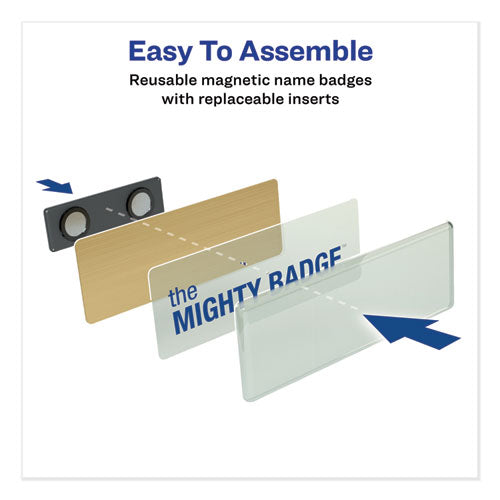 Image of Avery® The Mighty Badge Name Badge Holder Kit, Horizontal, 3 X 1, Inkjet, Gold, 10 Holders/ 80 Inserts