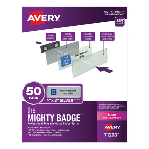 Image of Avery® The Mighty Badge Name Badge Holder Kit, Horizontal, 3 X 1, Laser, Silver, 50 Holders/120 Inserts