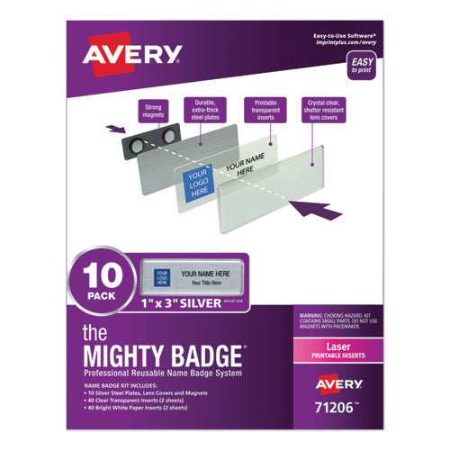Image of Avery® The Mighty Badge Name Badge Holder Kit, Horizontal, 3 x 1, Laser, Silver, 10 Holders and 80 Inserts/Kit
