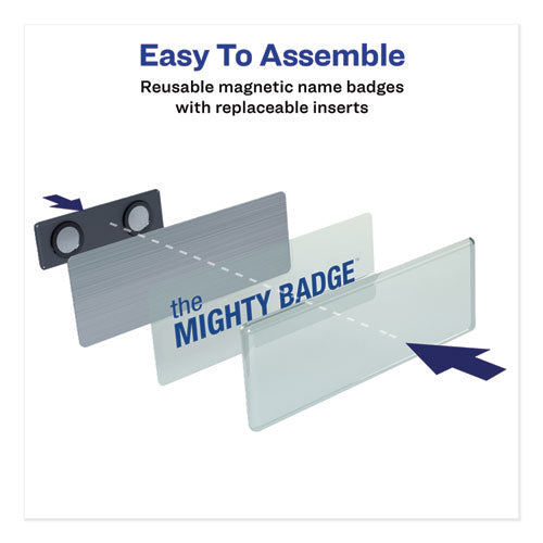 Image of Avery® The Mighty Badge Name Badge Holder Kit, Horizontal, 3 x 1, Laser, Silver, 10 Holders and 80 Inserts/Kit