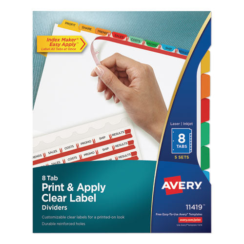 Image of Avery® Print and Apply Index Maker Clear Label Dividers, 8-Tab, Color Tabs, 11 x 8.5, White, Traditional Color Tabs, 5 Sets
