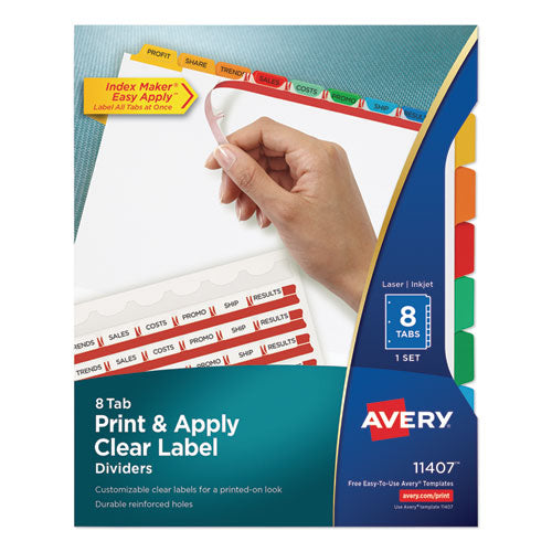 Image of Avery® Print and Apply Index Maker Clear Label Dividers, 8-Tab, Color Tabs, 11 x 8.5, White, Traditional Color Tabs, 1 Set