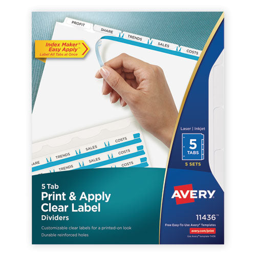 Image of Avery® Print and Apply Index Maker Clear Label Dividers, 5-Tab, White Tabs, 11 x 8.5, White, 5 Sets