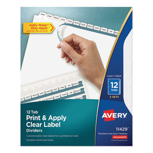 Image of Avery® Print and Apply Index Maker Clear Label Dividers, 12-Tab, White Tabs, 11 x 8.5, White, 5 Sets