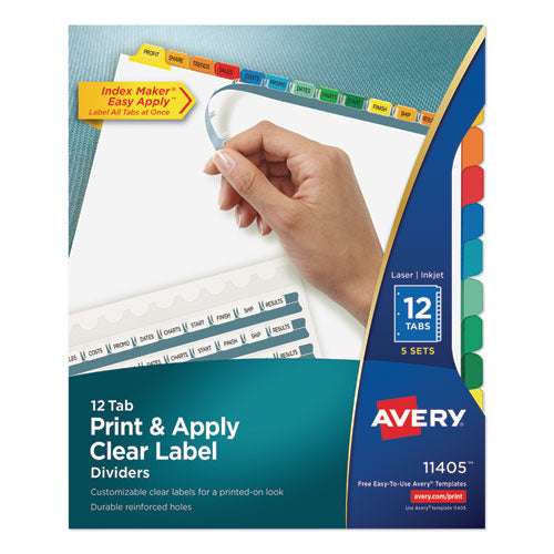 Image of Avery® Print and Apply Index Maker Clear Label Dividers, 12-Tab, Color Tabs, 11 x 8.5, White, 5 Sets