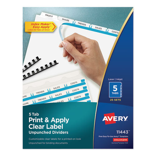 Image of Avery® Print and Apply Index Maker Clear Label Unpunched Dividers, 5-Tab, 11 x 8.5, White, 25 Sets