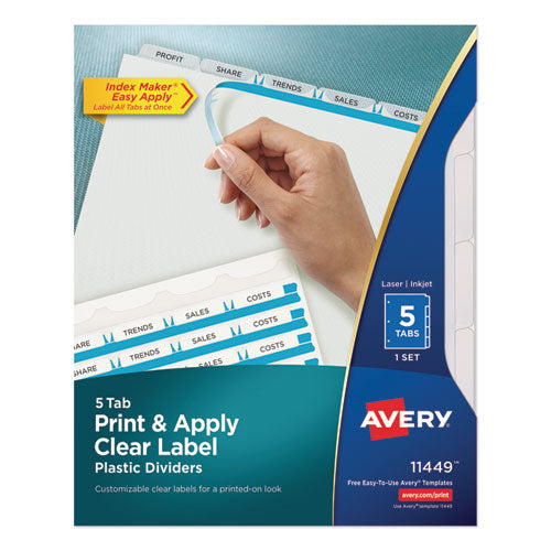 Image of Avery® Print and Apply Index Maker Clear Label Plastic Dividers w/Printable Label Strip, 5-Tab, 11 x 8.5, Frosted Clear Tabs, 1 Set