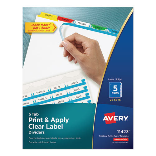 Image of Avery® Print and Apply Index Maker Clear Label Dividers, 5-Tab, Color Tabs, 11 x 8.5, White, Traditional Color Tabs, 25 Sets