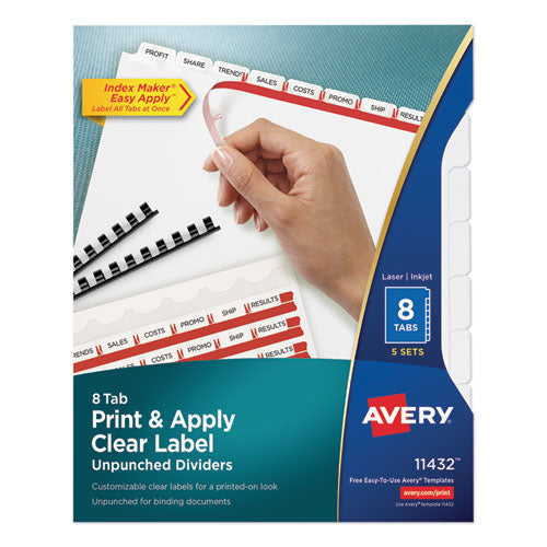 Image of Avery® Print and Apply Index Maker Clear Label Unpunched Dividers, 8-Tab, 11 x 8.5, White, 5 Sets