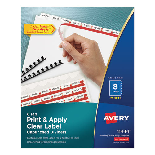 Image of Avery® Print and Apply Index Maker Clear Label Unpunched Dividers, 8-Tab, 11 x 8.5, White, White Tabs, 25 Sets