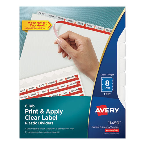 Image of Avery® Print and Apply Index Maker Clear Label Plastic Dividers w/Printable Label Strip, 8-Tab, 11 x 8.5, Frosted Clear Tabs, 1 Set