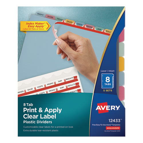 Image of Avery® Print and Apply Index Maker Clear Label Plastic Dividers with Printable Label Strip, 8-Tab, 11 x 8.5, Assorted Tabs, 5 Sets