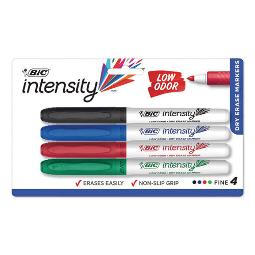 Image of BIC® Intensity Low Odor Fine Point Dry Erase Marker, Fine Bullet Tip, Assorted Colors, 4/set