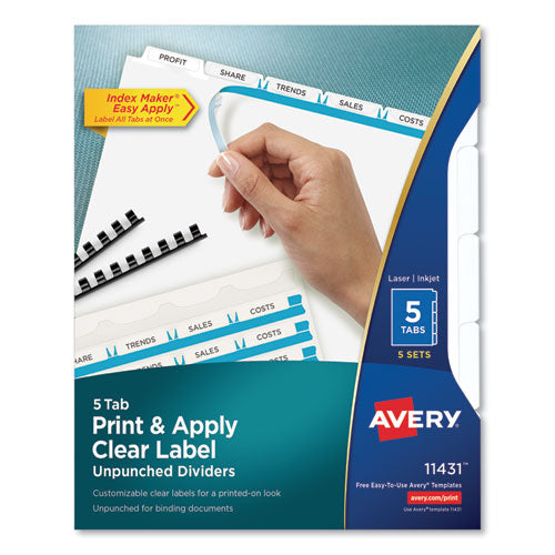 Image of Avery® Print and Apply Index Maker Clear Label Unpunched Dividers, 5-Tab, 11 x 8.5, White, 5 Sets