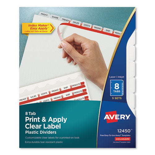 Image of Avery® Print and Apply Index Maker Clear Label Plastic Dividers w/Printable Label Strip, 8-Tab, 11 x 8.5, Frosted Clear Tabs, 5 Sets