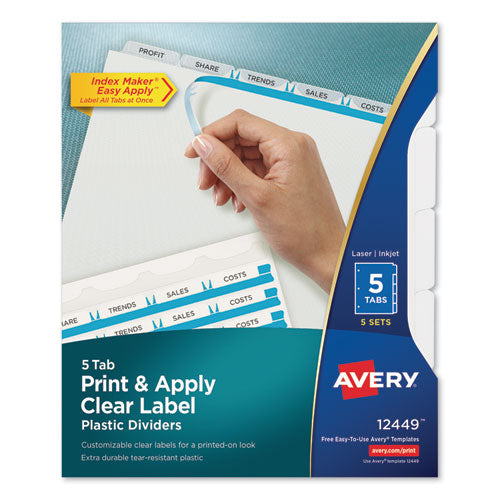 Image of Avery® Print and Apply Index Maker Clear Label Plastic Dividers w/Printable Label Strip, 5-Tab, 11 x 8.5, Frosted Clear Tabs, 5 Sets