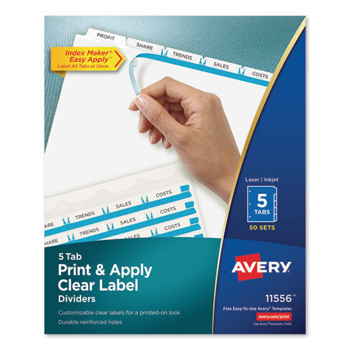 Image of Avery® Print and Apply Index Maker Clear Label Dividers, 5-Tab, White Tabs, 11 x 8.5, White, 50 Sets