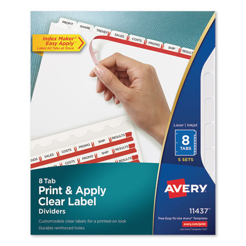 Image of Avery® Print and Apply Index Maker Clear Label Dividers, 8-Tab, 11 x 8.5, White, 5 Sets