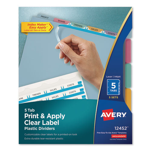 Image of Avery® Print and Apply Index Maker Clear Label Plastic Dividers with Printable Label Strip, 5-Tab, 11 x 8.5, Assorted Tabs, 5 Sets