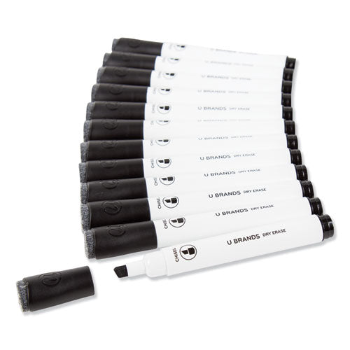 Image of U Brands Chisel Tip Low-Odor Dry-Erase Markers With Erasers, Broad Chisel Tip, Black, Dozen