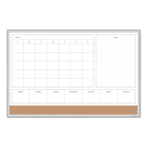 Image of U Brands 4N1 Magnetic Dry Erase Combo Board, Week/Month Planning, 36 x 24 (Actual Size: 35 x 23), Tan/WH Surface, Satin Aluminum Frame