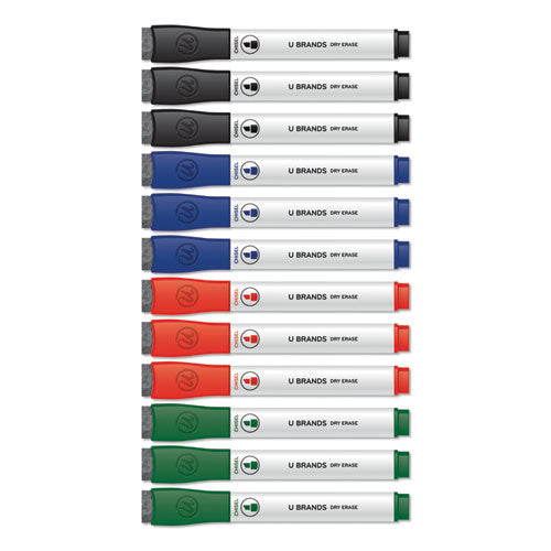 Image of U Brands Chisel Tip Low-Odor Dry-Erase Markers With Erasers, Broad Chisel Tip, Assorted Colors, 12/pack