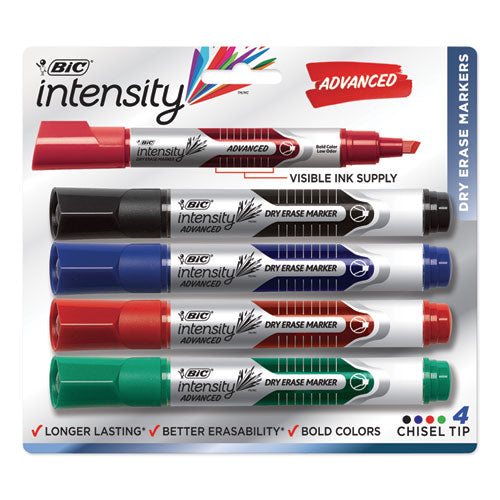 Image of BIC® Intensity Advanced Dry Erase Marker, Tank-Style, Broad Chisel Tip, Assorted Colors, 4/pack
