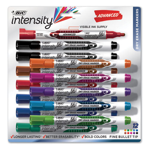 Image of BIC® Intensity Advanced Dry Erase Marker, Pocket-Style, Medium Bullet Tip, Assorted Colors, Dozen