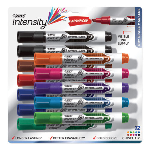 Image of BIC® Intensity Advanced Dry Erase Marker, Tank-Style, Broad Chisel Tip, Assorted Colors, Dozen