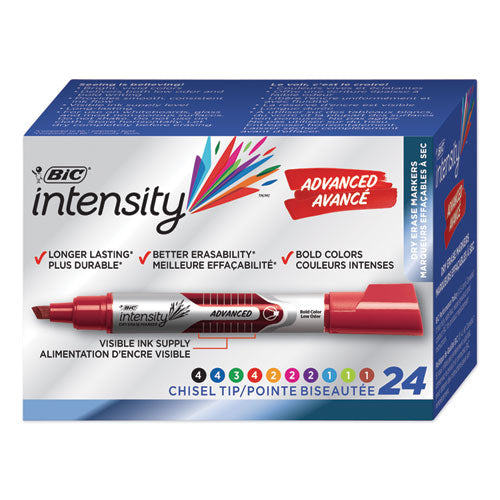 Image of BIC® Intensity Advanced Dry Erase Marker, Tank-Style, Broad Chisel Tip, Assorted Colors, 24/pack