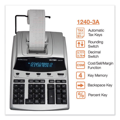 Image of Victor® 1240-3a Antimicrobial Printing Calculator, Black/red Print, 4.5 Lines/sec