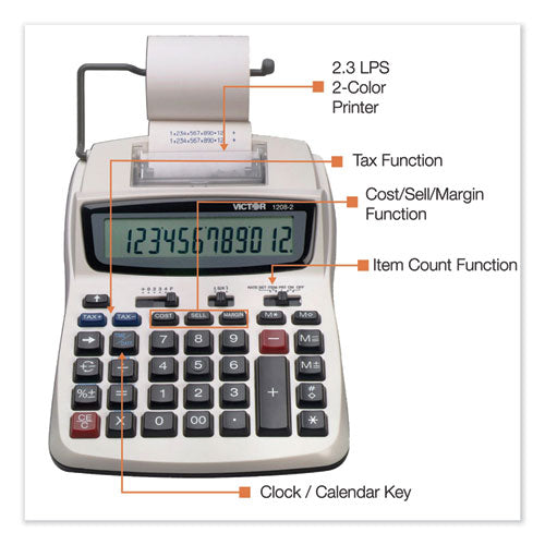 Image of Victor® 1208-2 Two-Color Compact Printing Calculator, Black/red Print, 2.3 Lines/sec