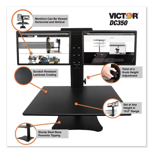Image of Victor® High Rise Dual Monitor Standing Desk Workstation, 28" X 23" X 10.5" To 15.5", Black