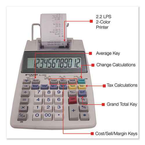 Image of Sharp® El-1750v Two-Color Printing Calculator, Black/red Print, 2 Lines/sec
