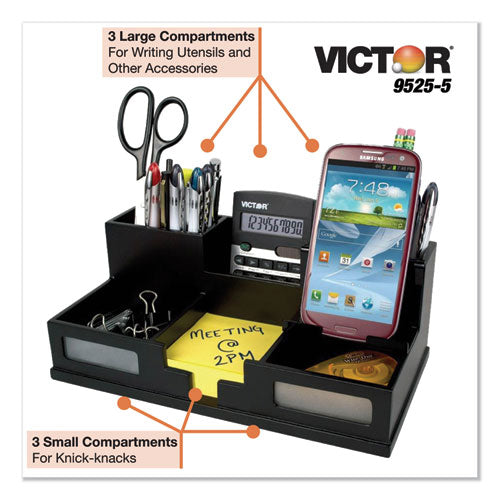 Image of Victor® Midnight Black Desk Organizer with Smartphone Holder, 6 Compartments, Wood, 10.5 x 5.5 x 4