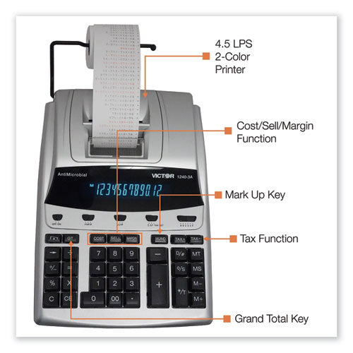 Image of Victor® 1240-3a Antimicrobial Printing Calculator, Black/red Print, 4.5 Lines/sec